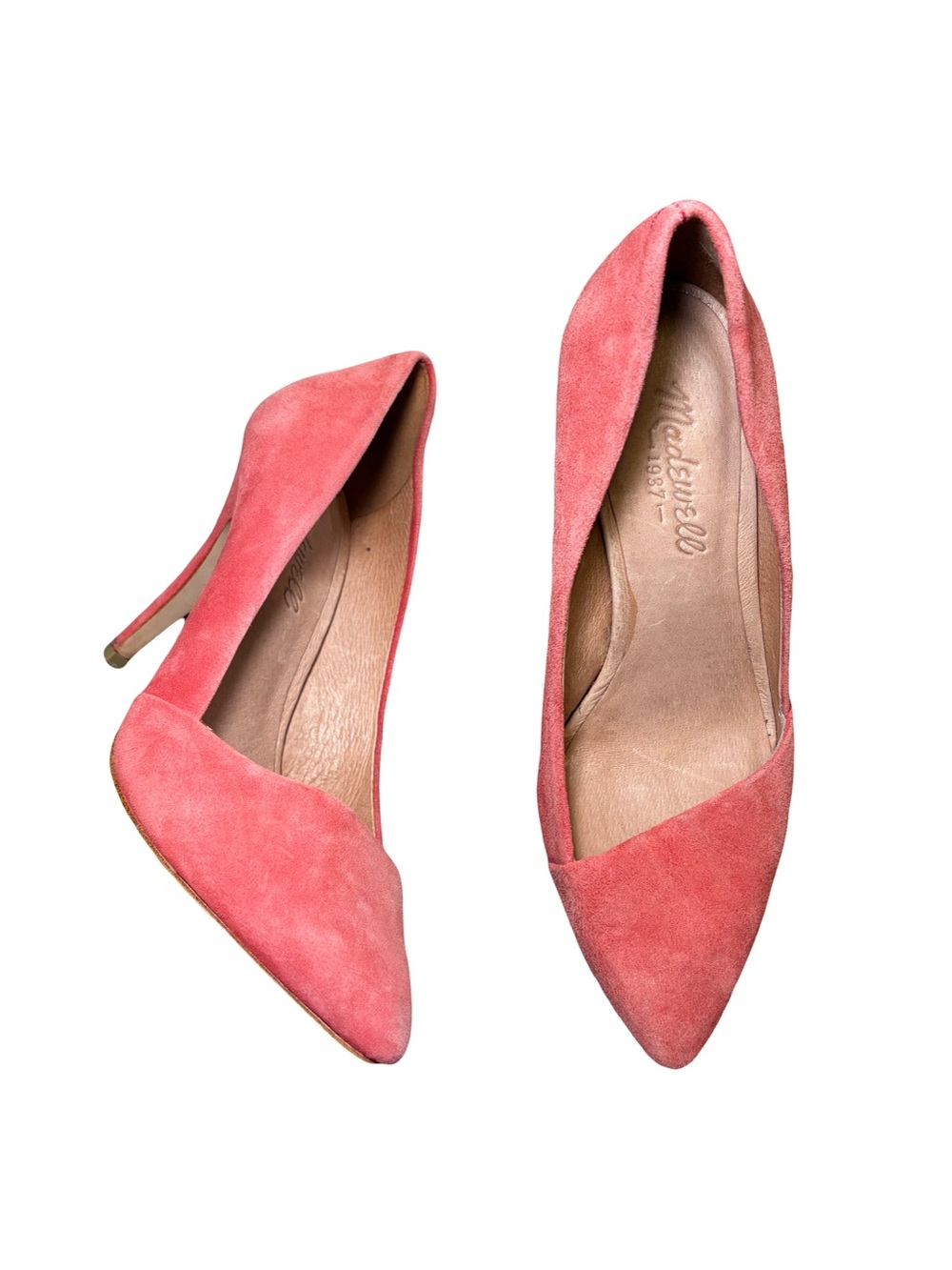 Madewell The Mira Heel Bright Flame Coral Pink Suede Pointed-Toe Heels Sz 6 Boho